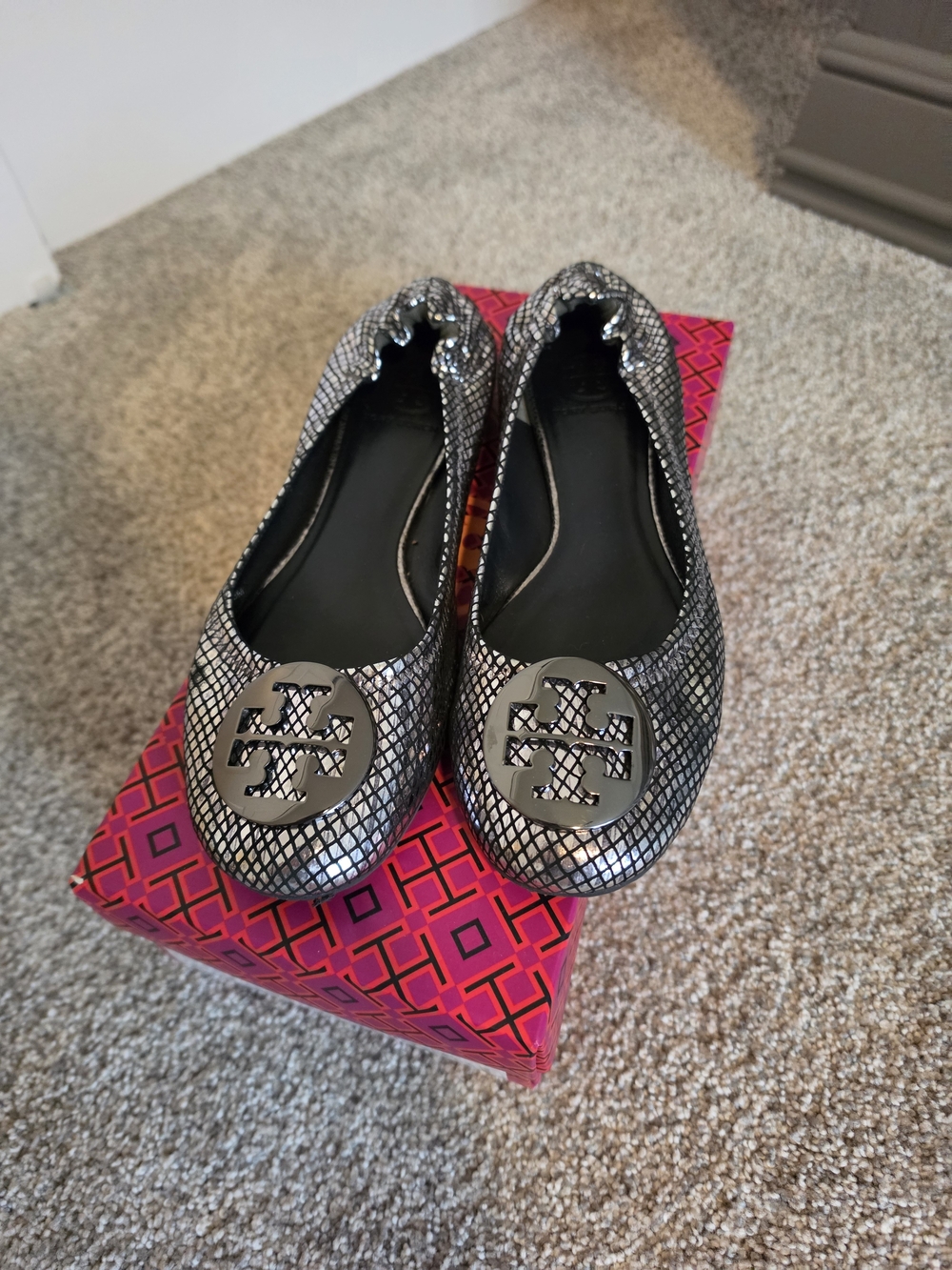 Tory Burch Gunmetal Logo Ballet Flats